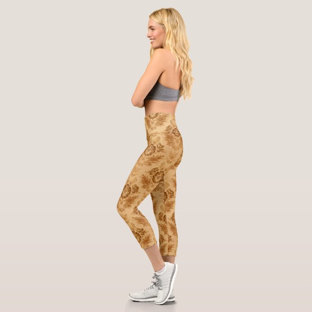 Soft Gold Damask Floral Capri Leggings (Left)