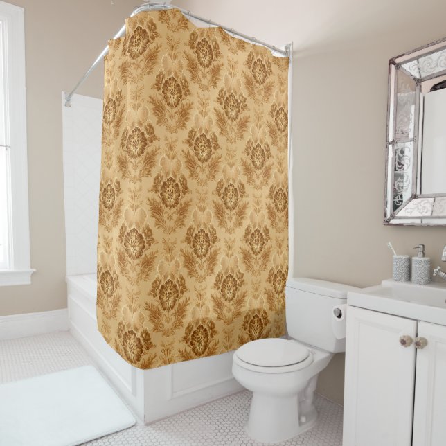 Soft Gold Damask Floral Shower Curtain (In Situ)