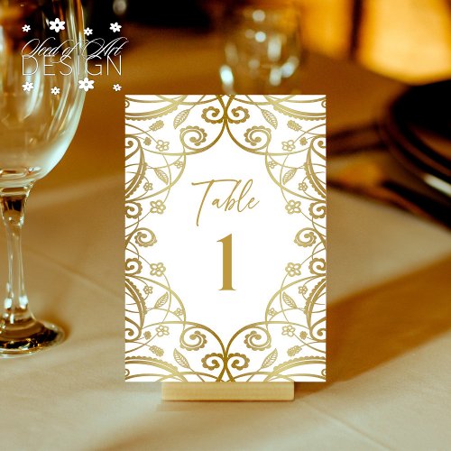 Soft Gold Glitter Floral Lace Wedding Table Number