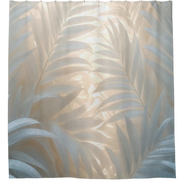 Soft gold-lit white palm leaves watercolor shower curtain (Front)