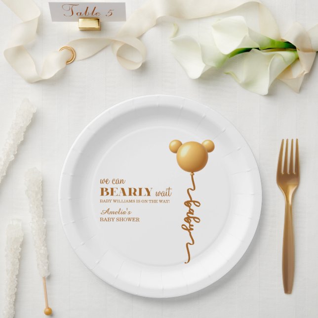 Soft Gold Teddy Balloon Bearly Wait Neutral Paper Plates (Wedding)