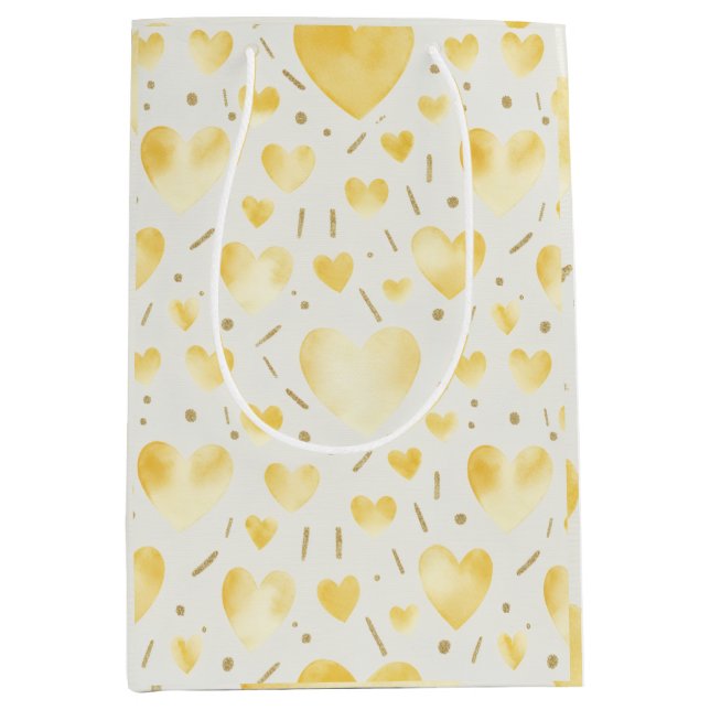 Soft Gold Watercolor & Glitter Hearts Pattern Medium Gift Bag (Front)