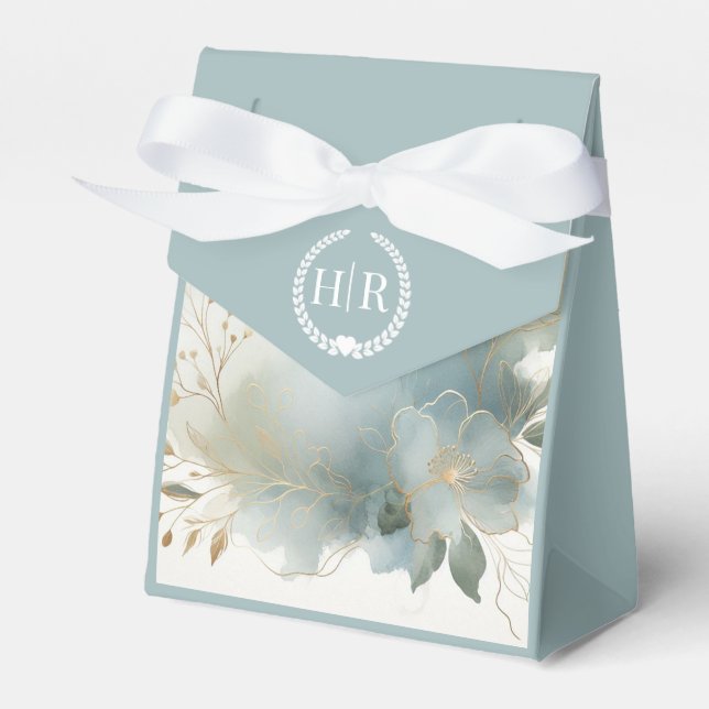 Soft Golden Dusty Blue Romance Wedding Favor Boxes (Front Side)