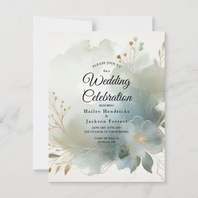 Soft Golden Dusty Blue Romance Wedding Invitation (Front)