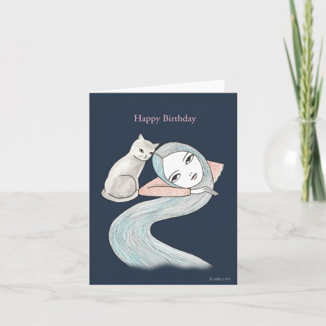 Soft Goth Witchy Birthday Long Hair Girl and a Cat Card (Front)