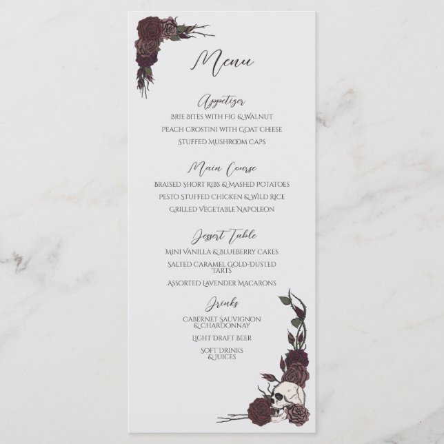 Soft Gothic Dark Floral Light Gray Wedding Menu (Front)