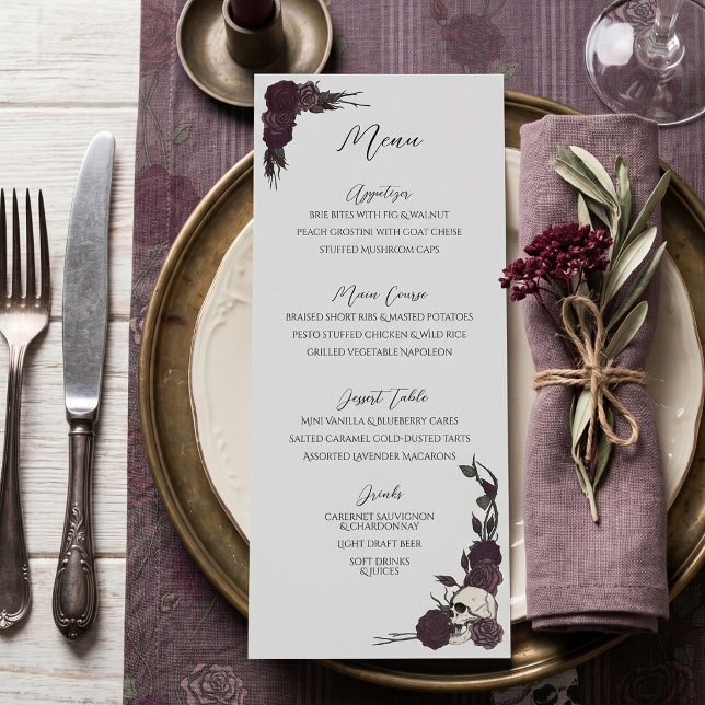 Soft Gothic Dark Floral Light Gray Wedding Menu (Hand-drawn ink floral skulls and roses wedding or rehearsal dinner menu for alternative wedding)