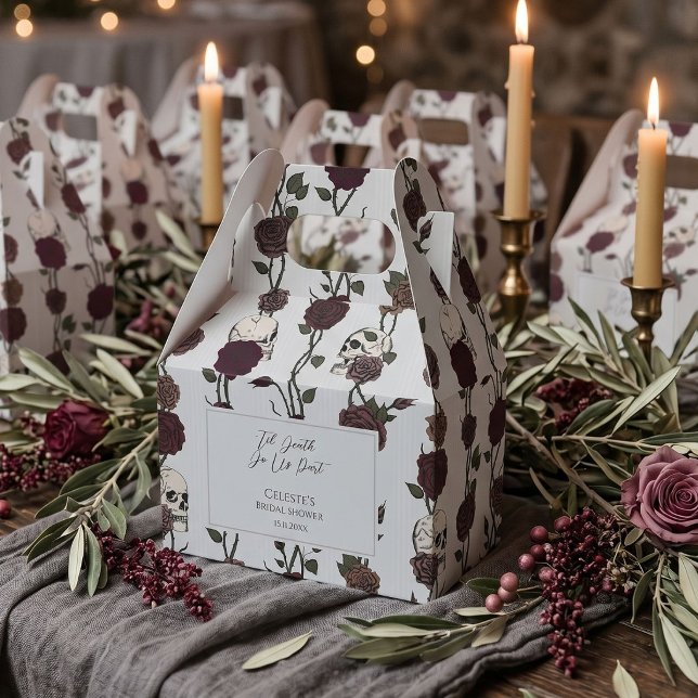 Soft Gothic Light Gray Wedding Favor Boxes (Soft Gothic Wedding Favor Box features hand-drawn ink art with romantic skulls and maroon roses)
