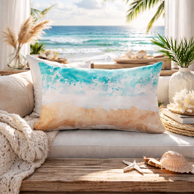 Soft Gradient Coastal Sandy Beach Teal Ocean Waves Lumbar Pillow (soft gradient sandy beach waves lumbar pillow)