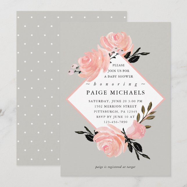Soft Gray and Blush Floral Baby Shower Invitation (Front/Back)