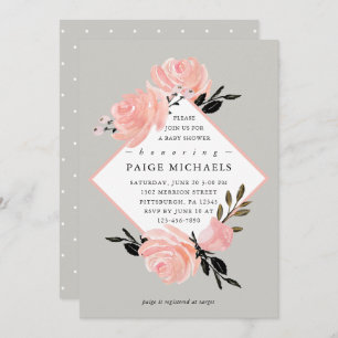 Soft Gray and Blush Floral Baby Shower Invitation
