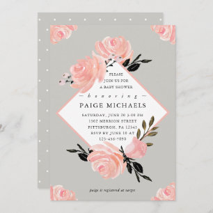 Soft Gray and Blush Floral Baby Shower Invitation