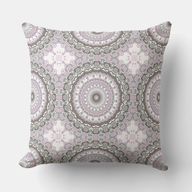 Soft Gray and Blush Pink Mandala Throw Pillow (Front)
