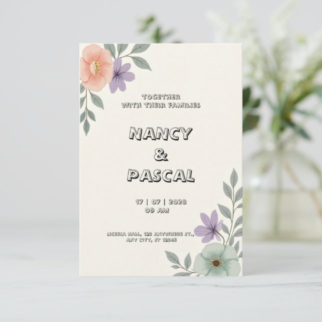 Soft gray and cream wedding invitation card (Standing Front)