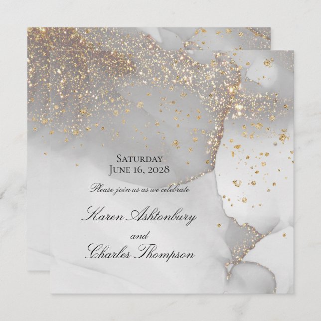 Soft Gray And Glittering Gold Modern Wedding Invitation (Front/Back)
