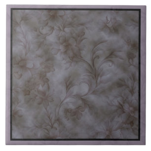 Soft gray and lavender floral scroll design ceramic tile