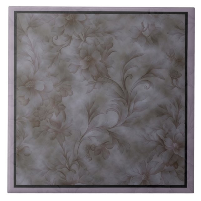 Soft gray and lavender floral scroll design ceramic tile (Front)
