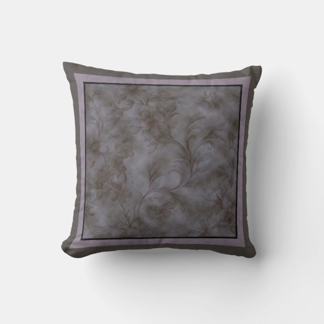 Soft gray and lavender floral scroll design throw pillow (Front)