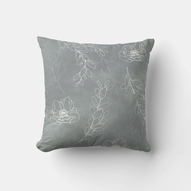 soft gray and white floral leaves pattern throw pillow (Front)