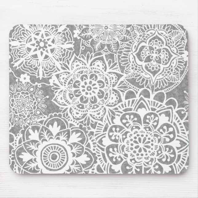 Soft Gray and White Mandala Pattern Mouse Pad (Front)