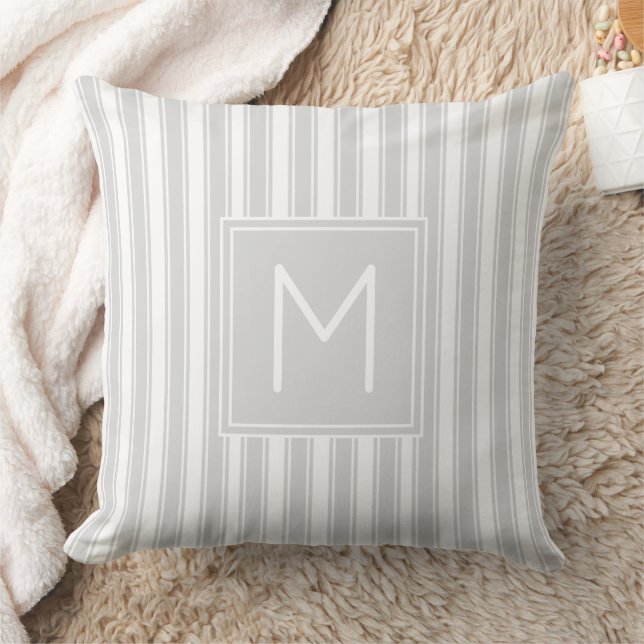 Soft Gray and White Ticking Stripe Monogram Throw Pillow (Blanket)