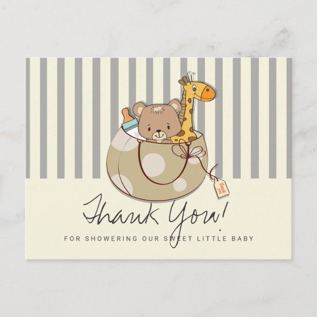 Soft Gray Baby Animals Baby Shower Thank You Postcard (Front)