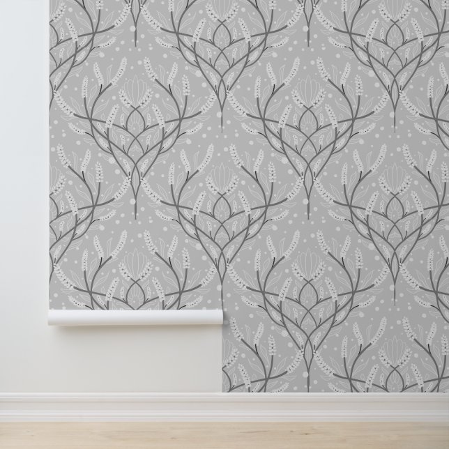 Soft Gray Botanical Vine Pattern Wallpaper (Application)