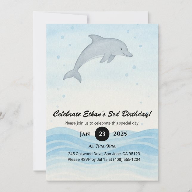 Soft Gray Dolphin Minimal Ocean Birthday  Invitation (Front)