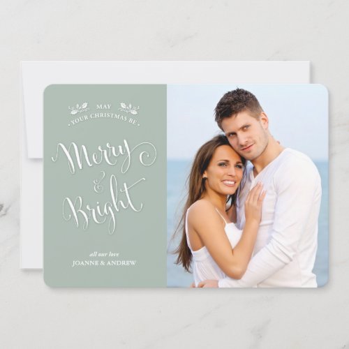 Soft Gray Green Merry  Bright Christmas Photocard Holiday Card