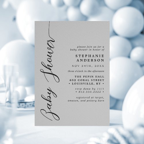 Soft Gray Modern Script Baby Shower Invitation