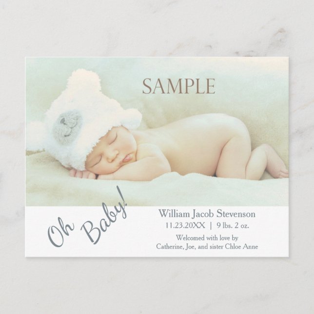 Soft Gray Oh Baby Modern Birth Announcement Postcard (Front)
