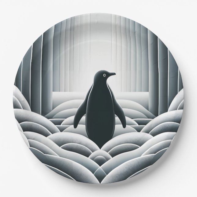Soft Gray Penguin Arches Waves In Art Deco Paper Plates (Front)