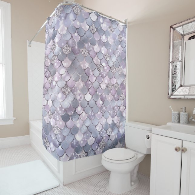 Soft Gray Pink Mermaid Scales Glitter Shiny Chic Shower Curtain (In Situ)