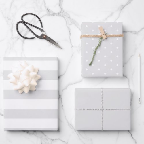 Soft Gray Polka Dot Wide Striped and Solid Wrapping Paper Sheets