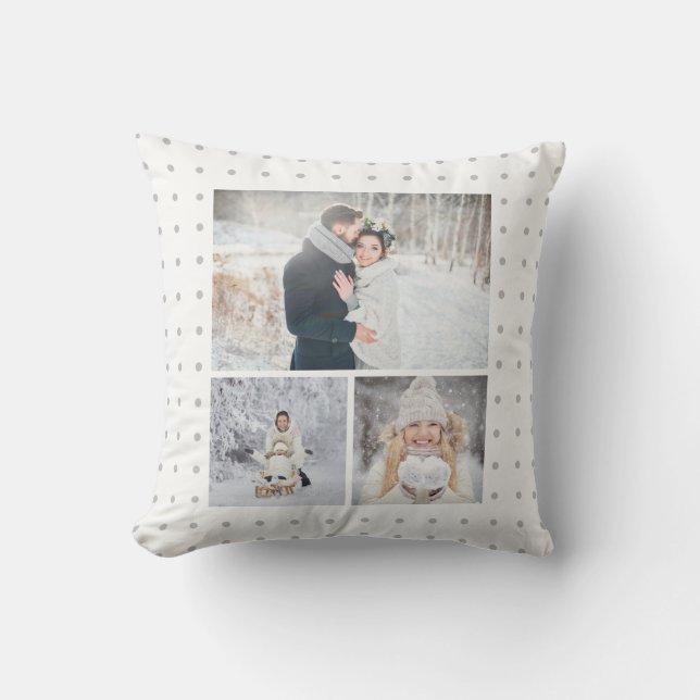 Soft Gray Polka Dots with Three Photo Grid Throw Pillow (Front)