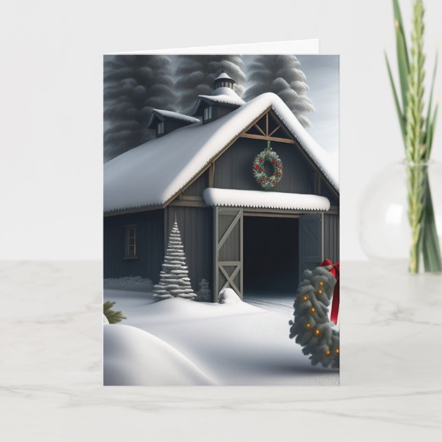Soft Gray Winter Barn Christmas Card (Front)