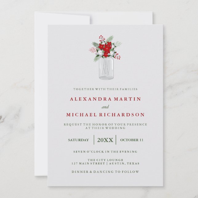 Soft Gray Winter Holiday Mason Jar Wedding Invitation (Front)