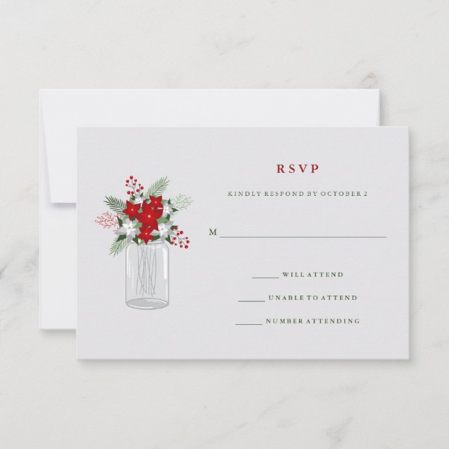 Soft Gray Winter Holiday Mason Jar Wedding RSVP (Front)