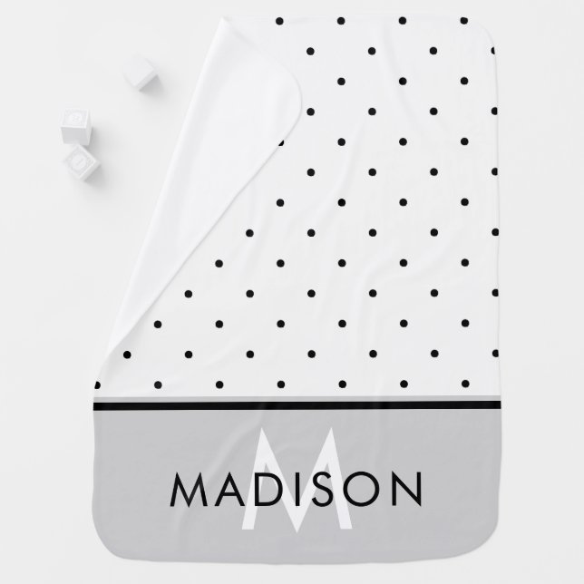Soft Gray with Black and White Polka Dots Swaddle Blanket (In Situ)