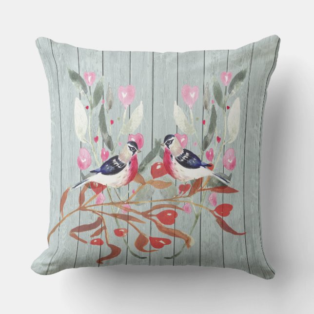 Soft Gray Wood Barn Effect Birds Flowers Large Throw Pillow (Front)