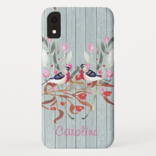 Soft Gray Wood Barn Effect Birds Flowers Name iPhone XR Case