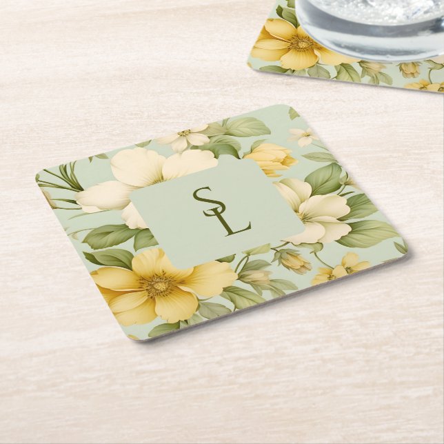 Soft green and beige flowers wedding  square paper coaster (Angled)
