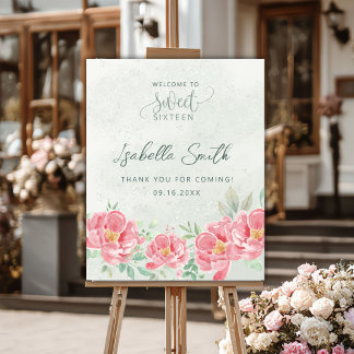 Soft Green and Pink Floral Sweet Sixteen Welcome Foam Board