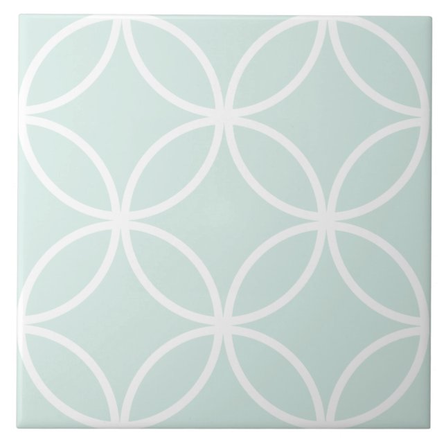 Soft green and white repeat circle leaf pattern ceramic tile (Front)