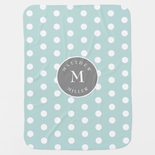 Soft Green Baby Blanket Polka Dots, Name, Initial (Front)