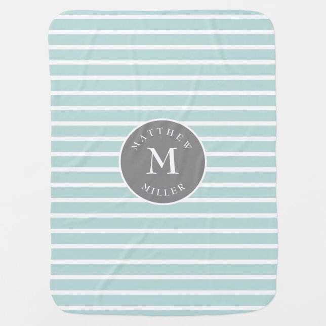 Soft Green Baby Blanket Stripes, Name, Initial (Front)