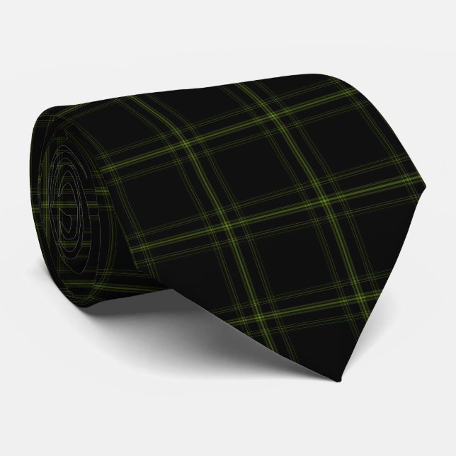 Soft Green Black Tartan Plaid Neck Tie (Rolled)