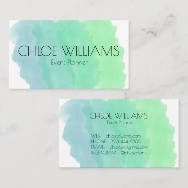 Soft Green Blue Painting Abstract Brush Watercolor Business Card (Front/Back)