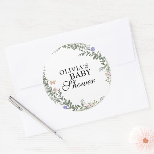 Soft Green Boho Gender Neutral Floral Baby Shower  Classic Round Sticker