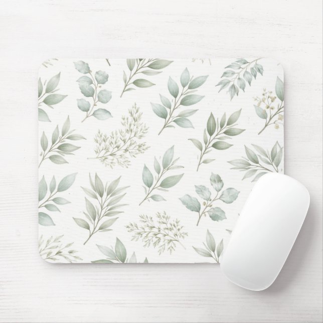 Soft Green Botanical Leaves Pattern  Mouse Pad (With Mouse)